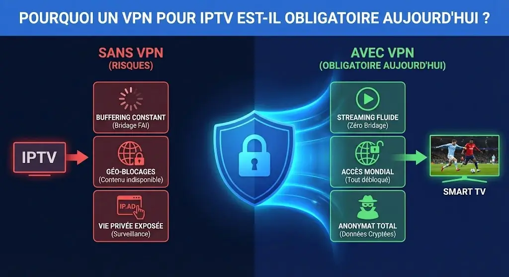 1 Illustration expliquant pourquoi utiliser un VPN pour IPTV est obligatoire pour sécuriser le streaming et éviter le buffering.
