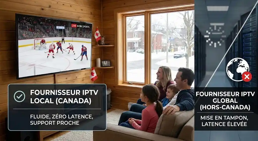 2_11zon Comparatif IPTV Canada Local vs Global : Famille regardant le Hockey sans latence (gauche) contre serveurs distants avec buffering (droite)