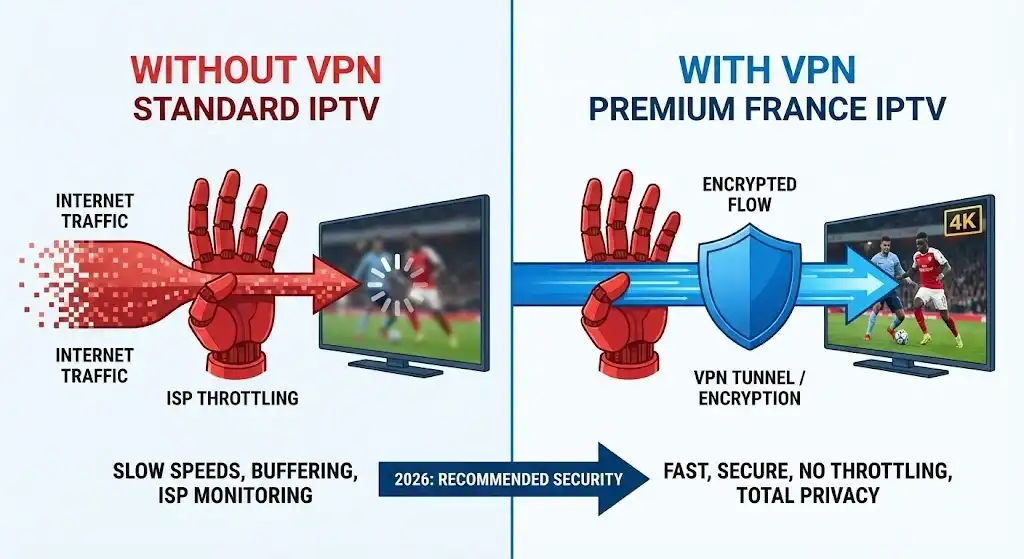 3_11zon Schéma comparatif : Flux France IPTV standard bridé par l'opérateur vs Flux Premium crypté ou sous VPN