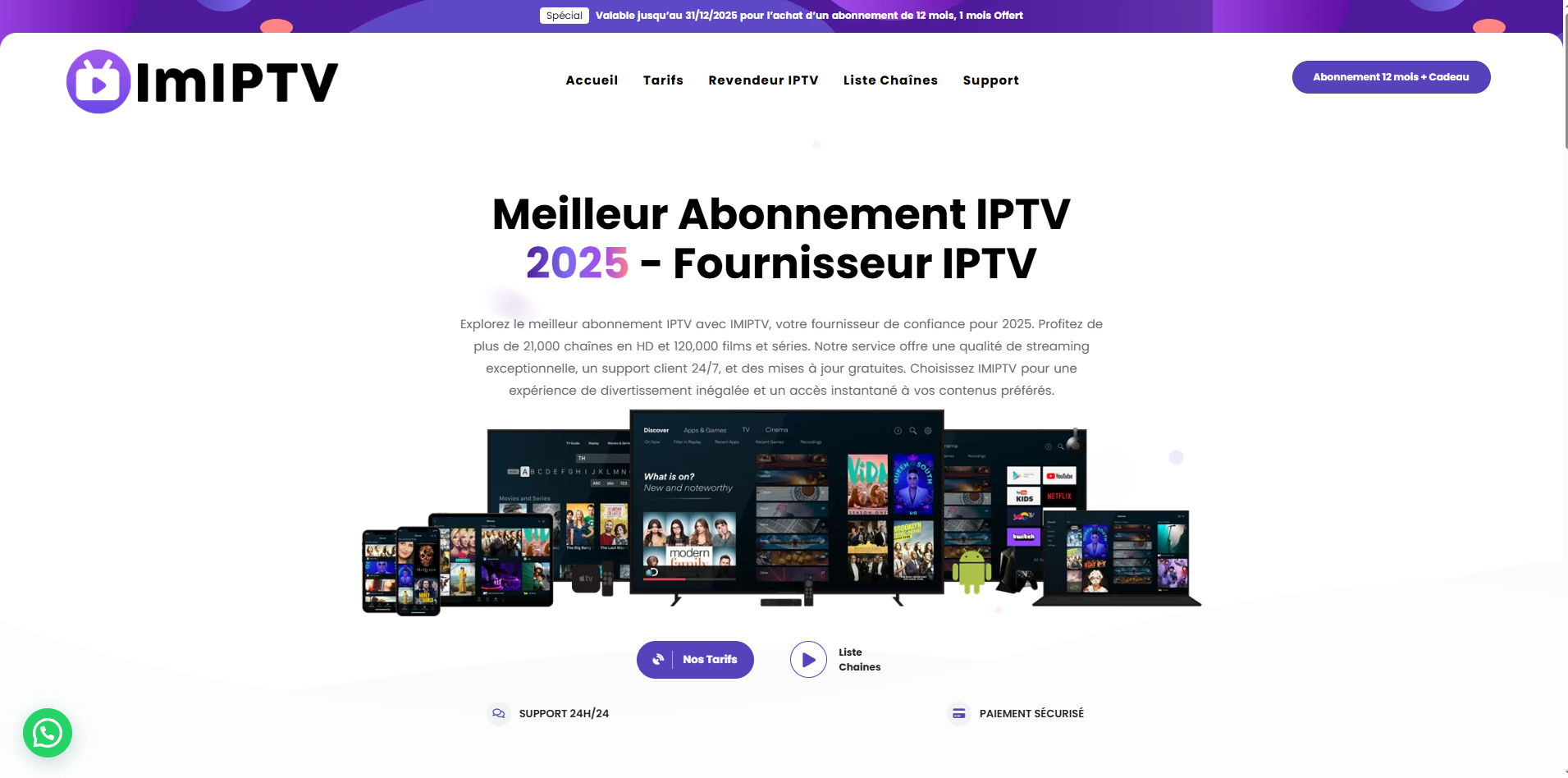 Capture Interface site web IMIPTV Meilleur Abonnement IPTV 2025 compatible TV et mobile