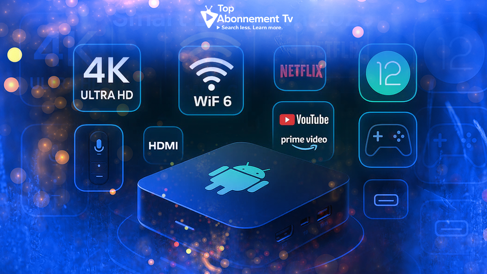 box-android Boîtier Android Box IPTV noir avec logo Android et icônes 4K