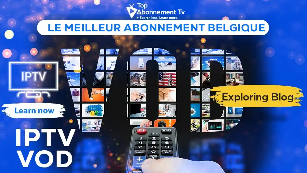 Concept VOD et streaming : télécommande pointée vers une mosaïque de contenus multimédias