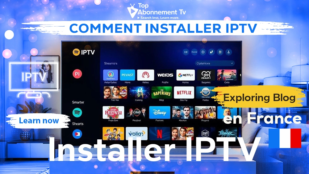 Interface menu IPTV installée sur Smart TV dans un salon moderne