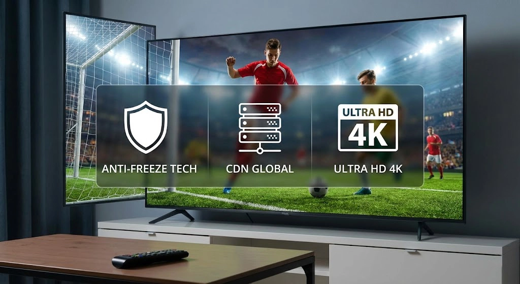 dxxxx Interface Smart TV diffusant un match en 4K illustrant le meilleur IPTV sport sans coupure.