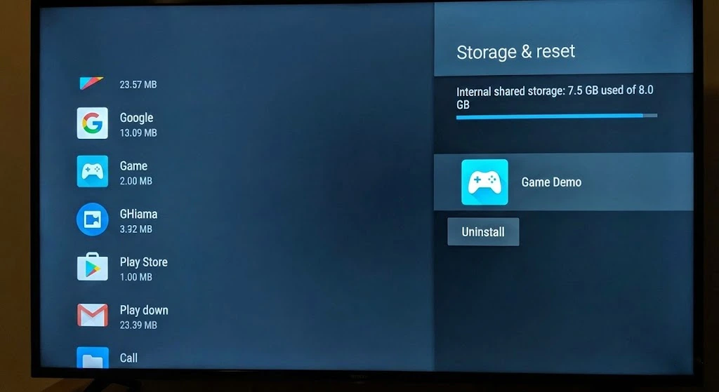 unnamed Menu stockage Android TV option désinstaller application pour libérer espace