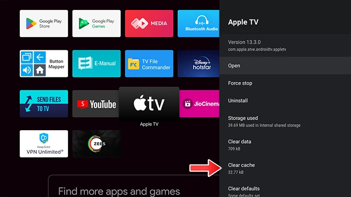 y Option Clear cache sélectionnée dans le menu paramètres Android TV Box pour résoudre les bugs.