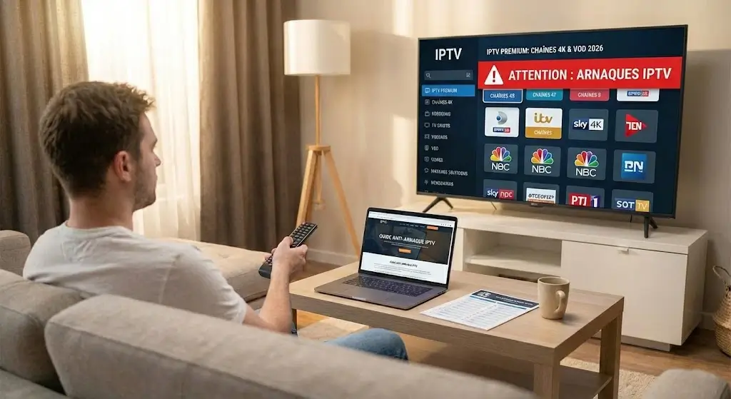 Interface TV Abonnement IPTV 2026 avec avertissement anti-arnaque dans un salon lumineux