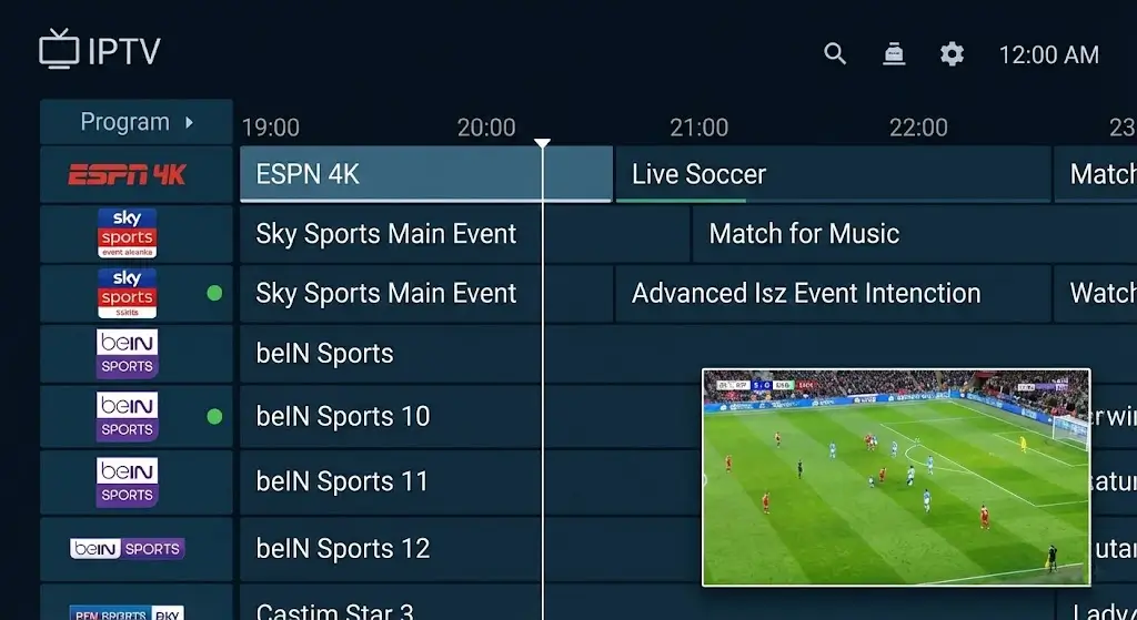 Installation IPTV Fire TV Stick guide des programmes Interface IPTV Fire TV Stick avec chaînes sport 4K