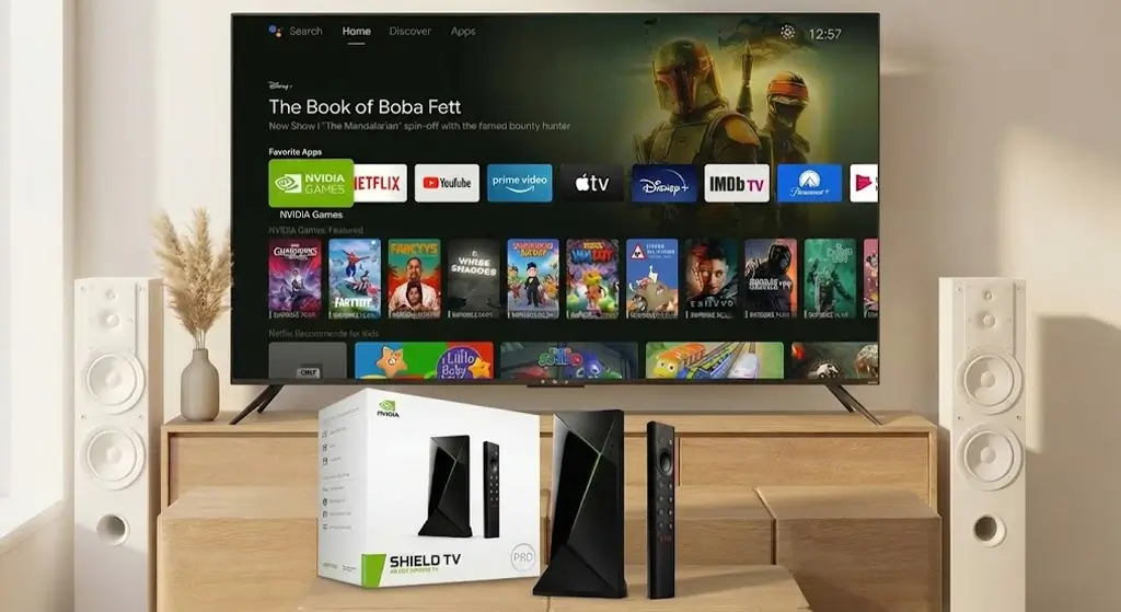 Installation IPTV sur Nvidia Shield Pro : Interface Android TV avec boîtier et télécommande pour streaming 4K