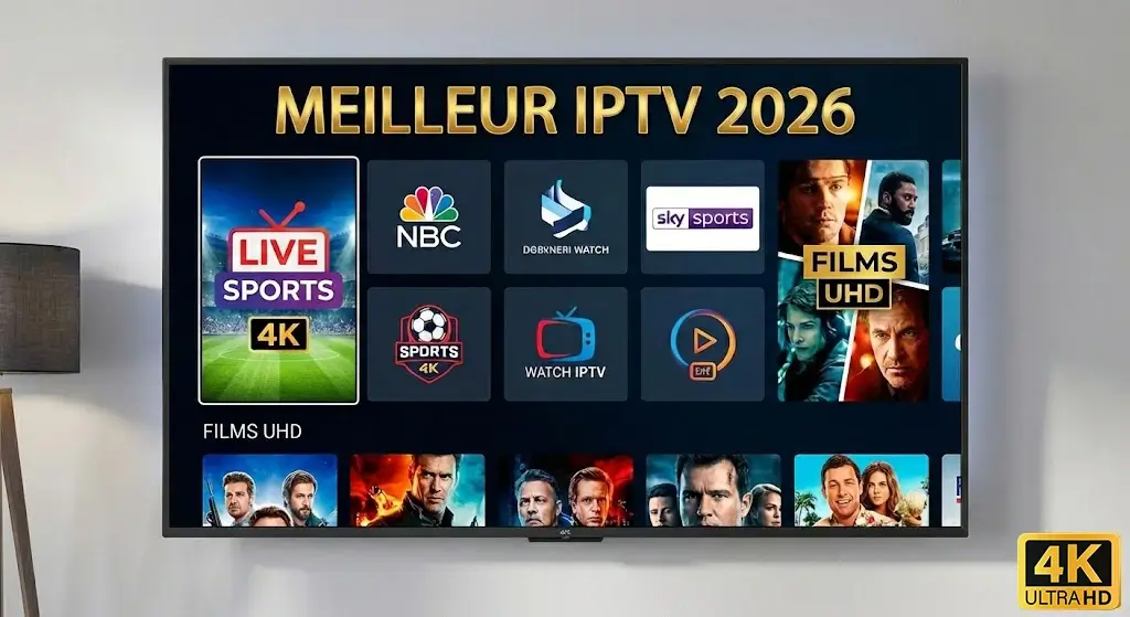 Interface Smart TV affichant le menu principal du guide "meilleur abonnement iptv 2026" avec des catégories pour le sport en direct 4K et les films UHD.