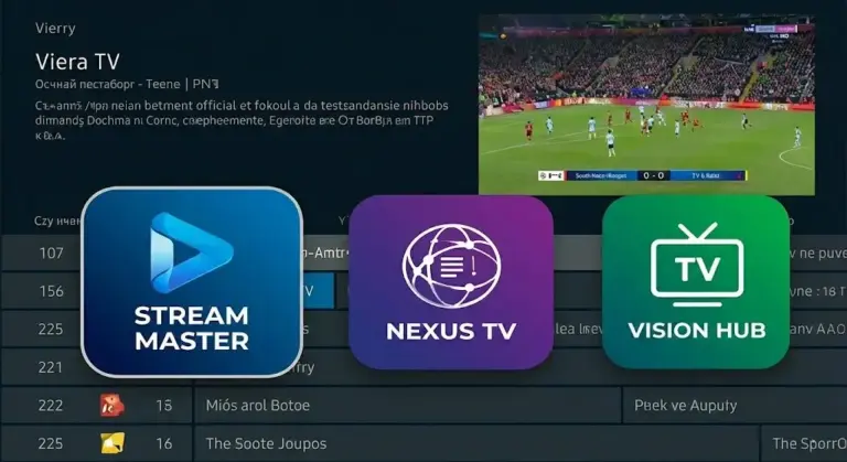 Comparatif visuel des 3 meilleures applications IPTV en 2026 affichées sur des écrans futuristes avec indicateurs de performance.