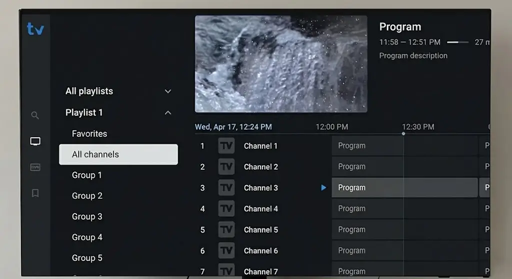 1 (1) Menu principal de TiviMate sur Smart TV, classée parmi les Meilleures Applications IPTV.