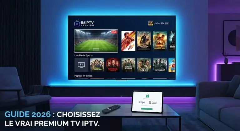 Interface IMIPTV Premium sur TV 4K avec éclairage d'ambiance - Guide 2026 pour choisir le vrai Premium TV IPTV