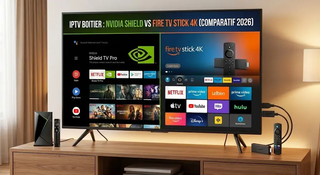 Comparatif IPTV boitier 2026 : Interface Nvidia Shield Pro (gauche) vs Amazon Fire TV Stick 4K (droite) sur une télévision, avec les deux appareils et leurs télécommandes.