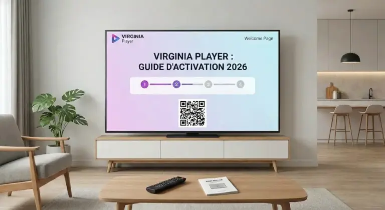 Écran d'accueil VIRGINIA Player sur Smart TV : Guide d'activation 2026 avec QR Code et étapes de configuration.