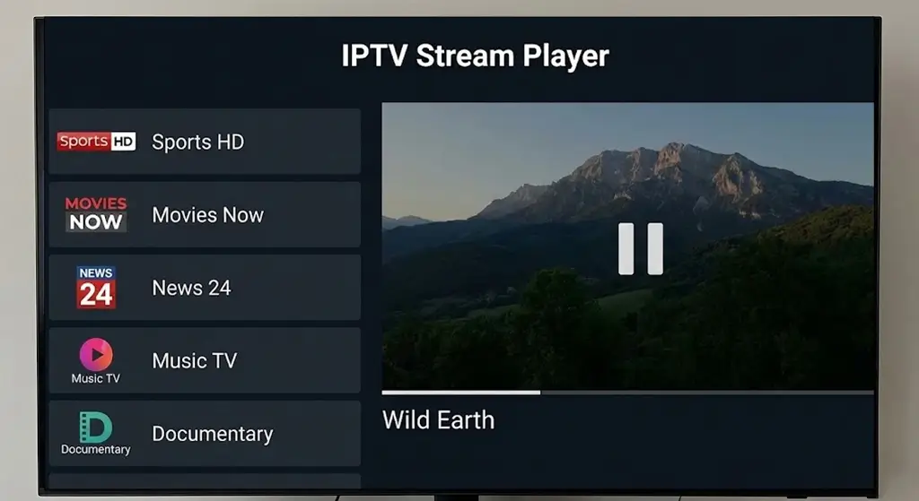 2 Menu principal de IPTV Stream Player sur Smart TV, classée parmi les Meilleures Applications IPTV.