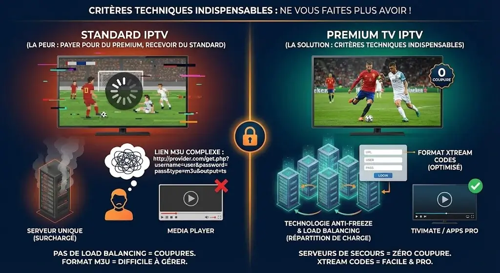 2 Schéma technique Premium TV IPTV : Serveurs Anti-Freeze Load Balancing et connexion Xtream Codes sur TiviMate