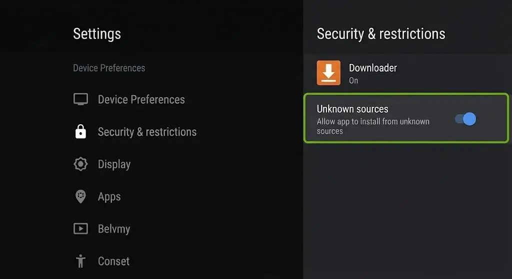 3 (1) Menu Sécurité Android TV : Activation des sources inconnues pour Downloader sur Nvidia Shield.